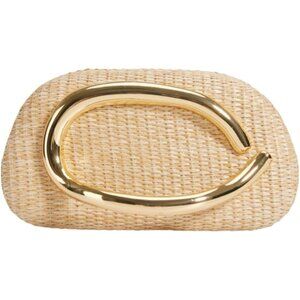 Khaki Straw Woven Clutch Bag with Metal Handle, Crossbody & Shoulder Use for Wom